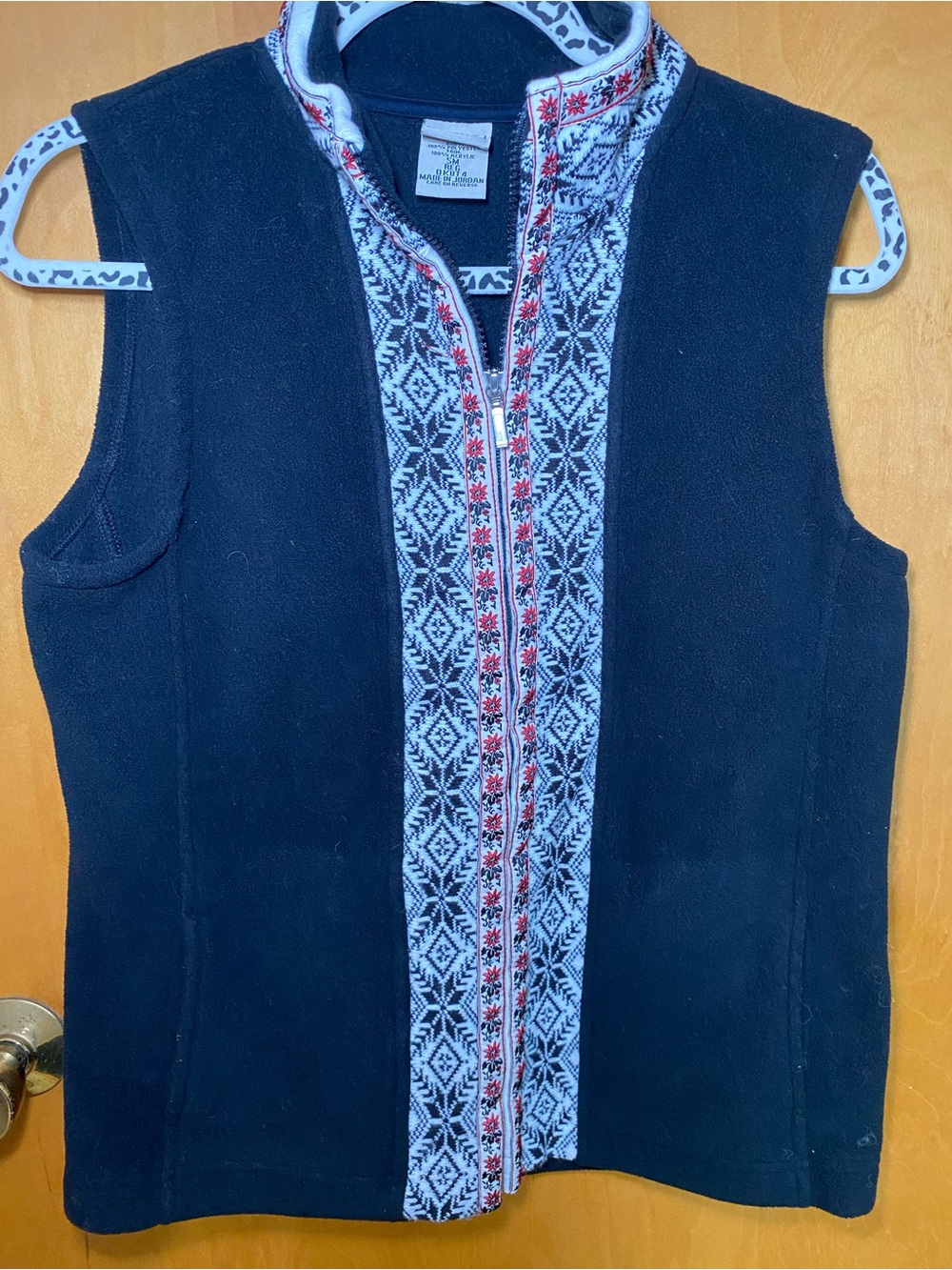 L.L. Bean Black Fleece Tank Vest with Patterned Zip Placket